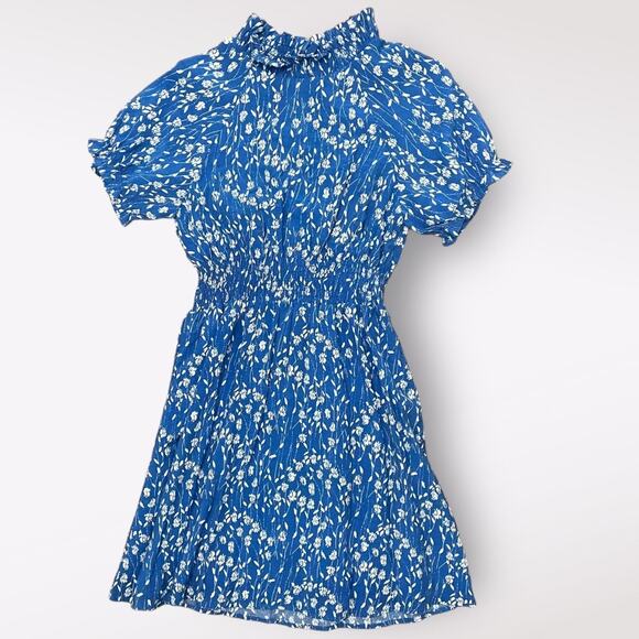 Hayden Floral Smocked High Neck Mini Dress Womens Small Blue Spring Cottage Core - Picture 1 of 7